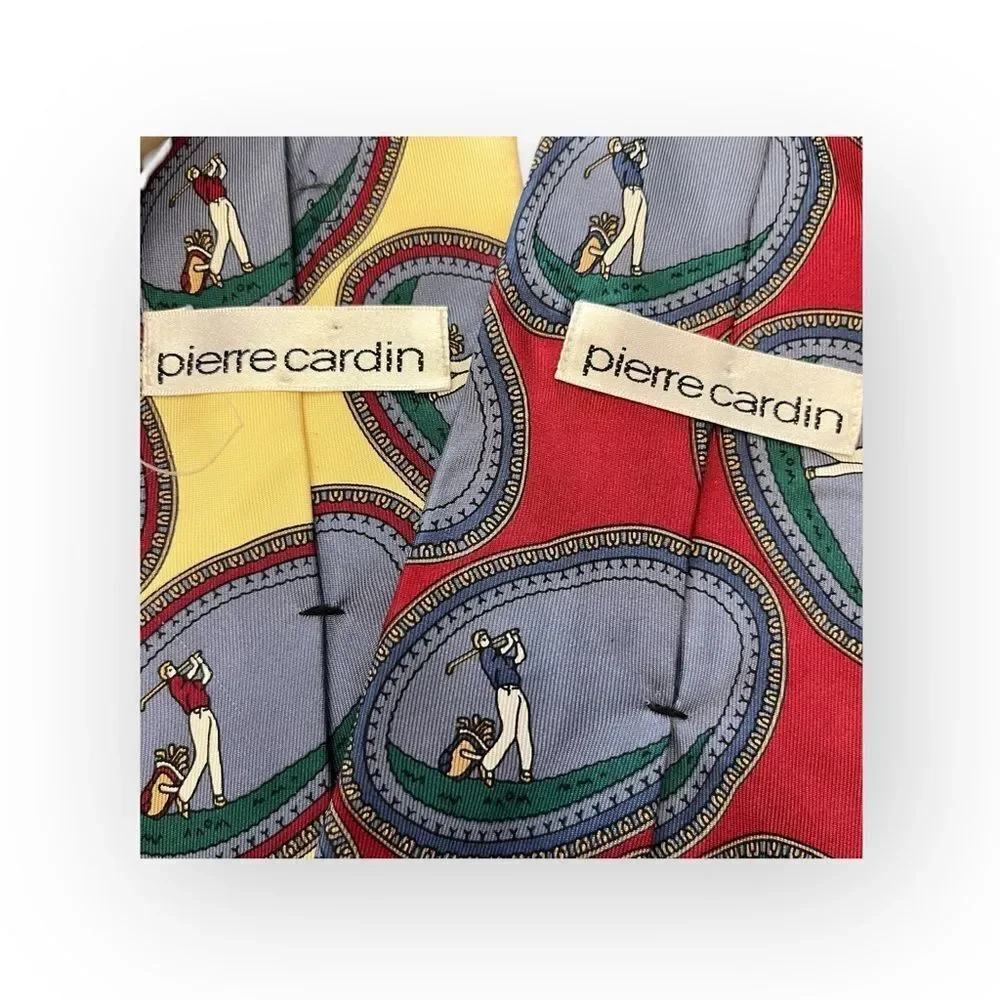 Pierre Cardin TWO Silk Ties Yellow / Red Golfers Retro Characters Medallion Golf